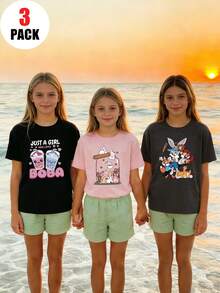 3件套女童休闲印花圆领短袖T恤，夏季学生童装 - 可爱的小动物兔子时尚T恤，为每个孩子带来欢乐和幸福！情人节 - 深灰色 - 查看 1