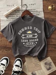 1件婴儿/幼儿男童创意卡通图案字母标语印花基本款圆领短袖T恤，休闲时尚 - 深灰色 - 查看 4