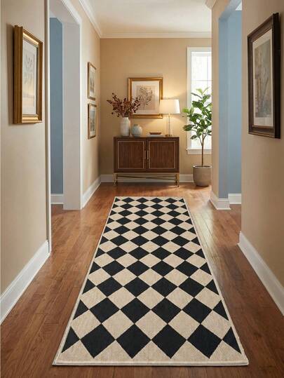 Modern Black & Beige Plaid Runner Mat - Non-Slip & Washable, 100% Polyester, Geometric Diamond Pattern, Indoor/Outdoor Use, Suitable For Hallway, Kitchen, Porch, Laundry Room, Entryway Decor, Holiday Gift, Washable, Easy Care
