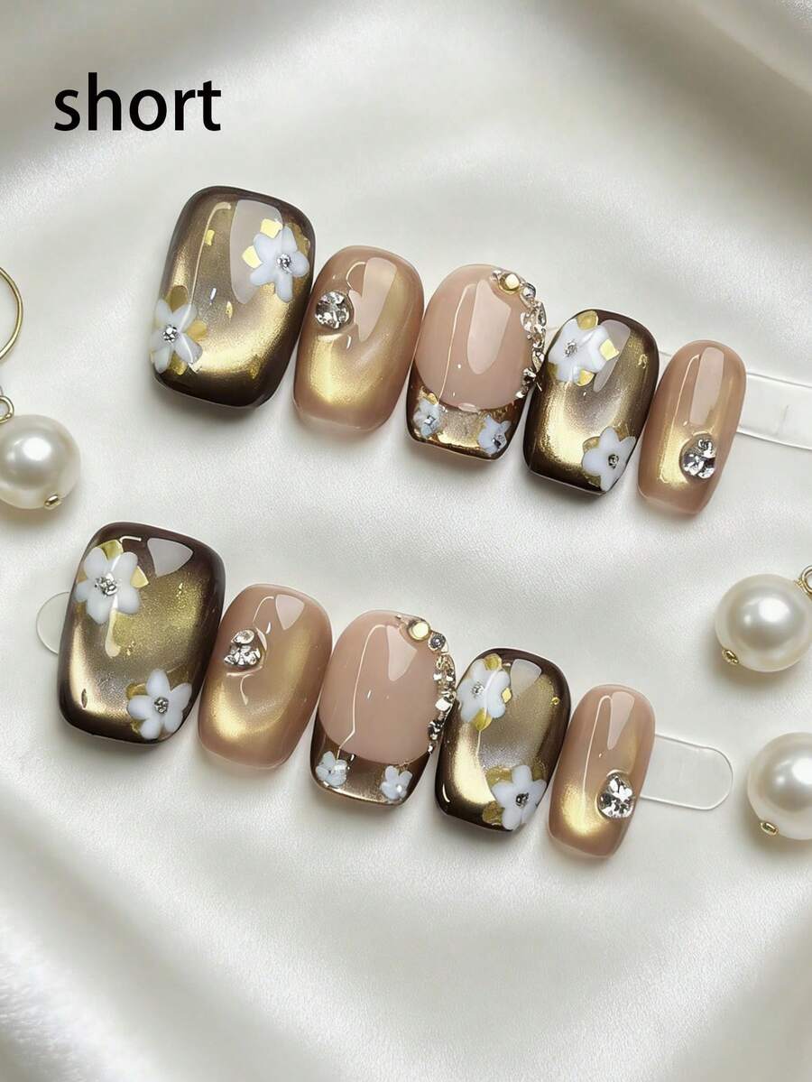 10片装可爱手工按压式美甲，日式柔美风格樱花图案闪粉假指甲，镶嵌水钻，女士适用 - 彩色 - 查看 1