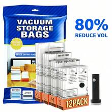 Travel Vacuum Bags With Portable Electric Pump, 12 Combo (3XL/3L/3M/3S) Compression Packing Seal Cubes For Clothing Suitcase Luggage Organizer, Space Saver Clothes Storage Bags - 12 PACK - 查看 1