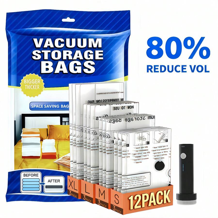 Travel Vacuum Bags With Portable Electric Pump, 12 Combo (3XL/3L/3M/3S) Compression Packing Seal Cubes For Clothing Suitcase Luggage Organizer, Space Saver Clothes Storage Bags - 12 PACK - 查看 1