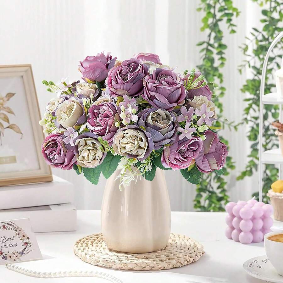 1pc/80stems Romantic Silk Peony Hydrangea Bouquet Artificial Flowers, Plastic Flower Arrangement For Wedding/Home/Bedroom/Living Room/Dining Table Decor, Bridal Bouquet, Mother's Day - Mauve Purple - View 1