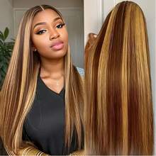女士长款13*4蕾丝前假发，蜂蜜色挑染渐变色，预先拔毛的真人直发，200%密度，时尚优雅长直发假发 - SP4/27 - 查看 6