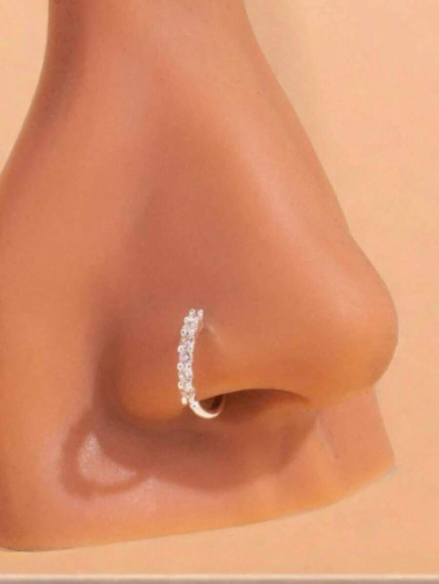 1pc Dazzling Cubic Zirconia Nose Cuff – 2-Tone (Gold & Silver) Adjustable Non-Piercing Nose Ring, Sparkling Rhinestone Facial Jewelry For Everyday & Special Occasion Glam - 銀色 - 查看 1