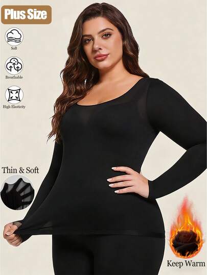 Plus Size Women Seamless Lace Camisole, Thin Autumn/Winter Solid Color Warm Underwear, Comfortable Long Sleeve Crew Neck Invisible Elastic Fitted Undershirt, Casual Lightweight Breathable Beige Basic Top