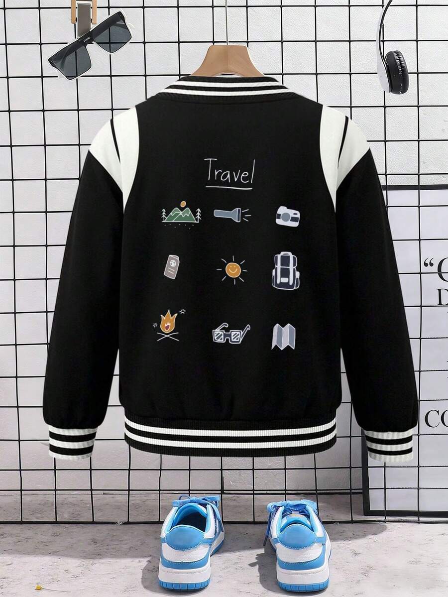 1pc Tween Boys Graphic Print Casual Versatile Comfortable Collegiate Style Long Sleeve Jacket - Black - View 1