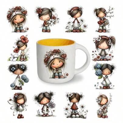 12pcs Flower And Girl Patterned UV Transfer Stickers | Self-Adhesive Plastic Decals For Crafts, Mugs, Laptops & Water Bottles, High-Quality Prints, Durable, Festive Designs By EYESWEB