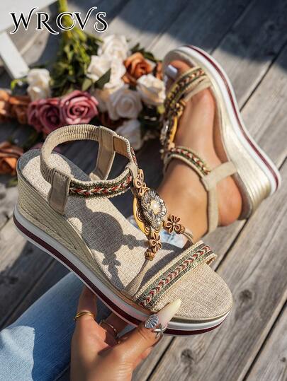 WRCVS Beige Women's Woven Strap Sandals, Summer Platform Thick Bottom Sandals, Handmade Beaded Shoes, Lightweight Vacation Sandals, Bohemian Style Wedge Shoes, Outdoor Wedge Shoes With Random Floral Patterns