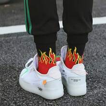 3 Pairs Men's Yellow Flame & Red Mid-Calf Socks, & Stylish For Street Wear - Multicolor - View 5