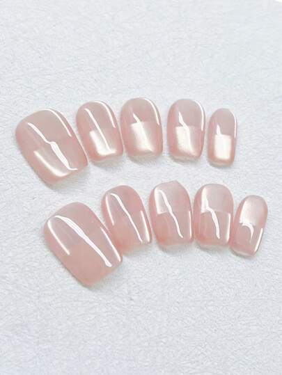 10pcs Pure Handmade Press On Nails Square Nails Medium Nails Soft Pink Cat Eye, With Irregular Color Blocks Creating A Strong Atmosphere Of Vintage Elegance.Gentle Elegant Cute Nails For Ladies And Girls Spring Summer Fall Winter Festivals Parties And Daily Life Use