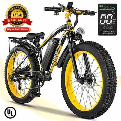 EOEOTWO 1500W Peak Motor Electric Bicycle With Front Suspension 48V 15AH Battery 26"X 4.0 Inch Tires 32+ MPH Speed 70 Miles Range For Snow Mountain Road Riding