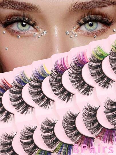 Mix Coloured Lashes,8 Pairs 7-16mm Faux Fluffy Mink Lashes, Cat Eye Colored Lashes For Makeup Strip Eyelashes