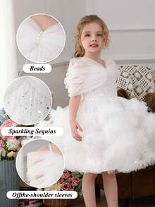 小女孩白色吊带露肩亮片手工串珠网纱优雅圣诞派对A字连衣裙，公主裙，适合女孩生日派对、宴会、舞会、婚礼花童、复活节、毕业典礼等场合 - 白色 - 查看 5