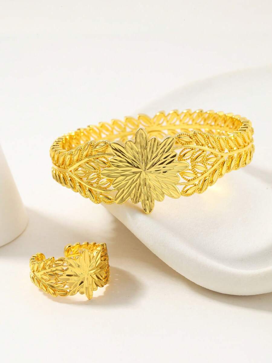 2件套复古优雅几何麦叶图案手链戒指套装，适合日常、派对和正式场合佩戴。 - 金黃色 - 查看 1