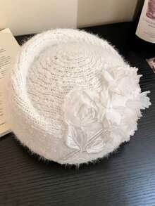 1件极简主义花卉针织贝雷帽，适合春秋季节，韩式风格，修饰脸型，显瘦，百搭，艺术画家帽。