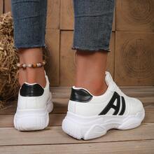 2026 New Spring/Summer Women Thick Sole Casual Sneakers, Breathable Athletic Shoes, Fashionable Lace-Up White Shoes - Black and White - View 2
