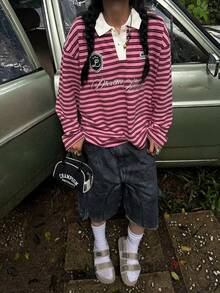 女士条纹数码印花长袖Polo衫，针织面料，宽松舒适休闲学院风春季款 - 紅色 - 查看 1