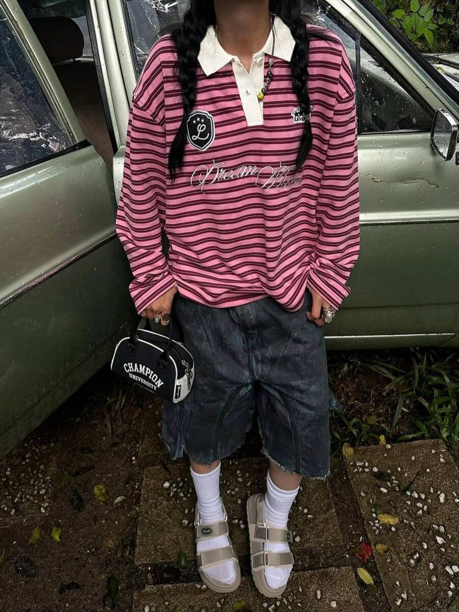 女士条纹数码印花长袖Polo衫，针织面料，宽松舒适休闲学院风春季款 - 紅色 - 查看 1