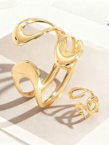 2pcs/Set Asymmetrical Matching Exaggerated Personalized Bracelet Bangle Open Ring Hiphop Alloy Jewelry For Women - Gold - View 4