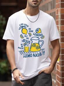 Men's Summer Fresh Lemon Element Print Casual Crew Neck Short Sleeve Top - White - View 2