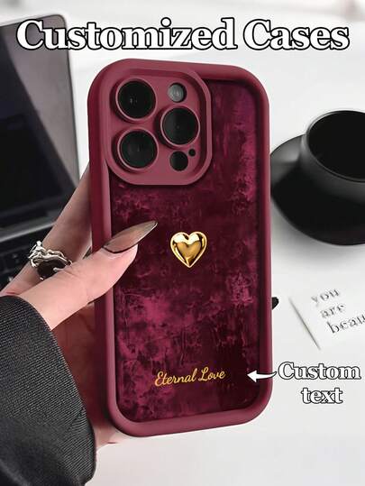 1pc Customizable Phone Case With Gold Heart Decor Design, Suitable For IPhone 17 Pro Max/17 Air/16E/15/14 Plus/13/12/11, A21S/S24/20 Ultra, Redmi Note 13 Pro Plus, Made Of TPU Material, New Burgundy Color, Vintage Artistic Style, Fashionable & Anti-Drop, Best Gift For Boyfriend, Girlfriend, Couples, Family And Friends