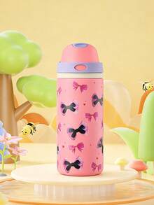 Meoky 19oz Travel Water Bottle: 2-In-1 Push-Button Drinking Spout And Flip-Up Straw, Leak-Proof, For Hot & Cold Drinks, Stainless Steel Insulated Cup, Fits Car Cup Holders, Ideal Gift For Travel, Fitness, School, And Outdoor Activities - Pink Bow - View 3