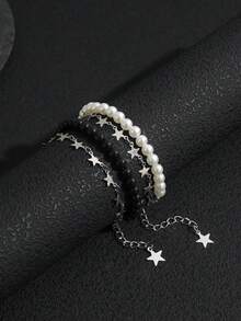 2pcs Handmade Beaded Black & White Star Sequin Stackable Bracelets, Minimalist Couples Everyday Wear - Black and White - View 6