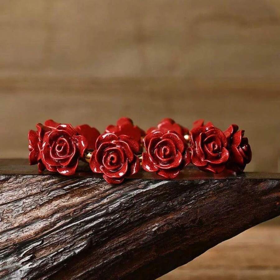 1pc Rose Beaded Stretch Bracelet, Fashionable & Elegant Jewelry Gift For Women, Birthday & Mother's Day