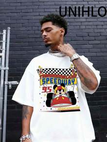 Disney UNIHLO  Street Life Men's Casual Loose  Mickey  Cartoon  Print Short Sleeve T-ShirtSummer - trắng - Xem 1