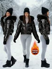 Women's Christmas Costume, Women's Winter Jacket, Solid Color Hooded Thickened Pocket Coat, Women's Winter Wear, Women's Winter Jacket & Coat, Thick & Warm - Black - View 5