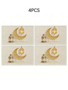 1/4/5/6/7 piezas Conjunto de decoración de medialuna, estrella, farol de Ramadán, textura de lino cómoda, decoraciones de Eid Al-Fitr, mantel de mesa de Ramadán, mantel de mesa Eid Mubarak - Multicolor - Ver 20