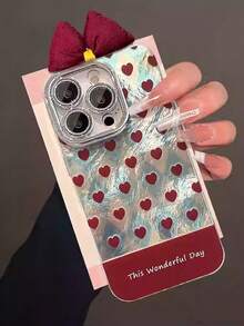 1pc Fashionable Argyle Heart Bow Glitter Phone Case Compatible With IPhone 11/12/13/14/15/16/17 Pro Max, Comes With Lens Film, Niche Stylish Protective Cover - Red - View 2