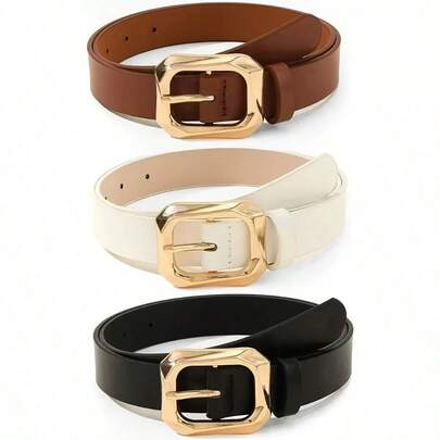 1pc/2pcs Women's Black & White PU Leather Belt With Gold Buckle, Casual & Fashionable, Suitable For Jeans, Pants, Dresses, Casual Pants, Skirts, Suits, Jackets, Fits Various Styles, Great Gift For Girlfriend, Mom Or Friends