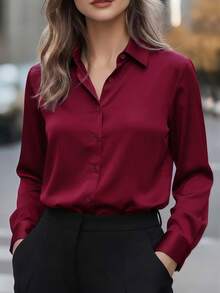 Plus Size Spring/Summer Shirt, Shirt Collar, Button Front, Long Sleeve, Regular Fit - Burgundy - View 5