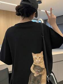 新款夏季 Z 世代 Y2K 风格女式趣味猫咪印花圆领短袖 T 恤 休闲黑色 - 黑色 - 查看 5