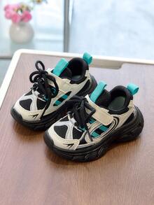 1 Pair Unisex Breathable Mesh Casual Sneakers, Soft Sole Non-Slip Infant Walking Shoes, Fashion Versatile Student Running Shoes, Lightweight Chunky Sneakers, Suitable For Spring And Autumn - Black - View 2