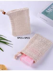 1/5/10pcs Jute Soap Bags, Drawstring Soap Pouches, Soap Saver Bags, Knotted Bathing Soap Bags, Easy Lathering And Drying, Bathroom Accessories - White - View 15