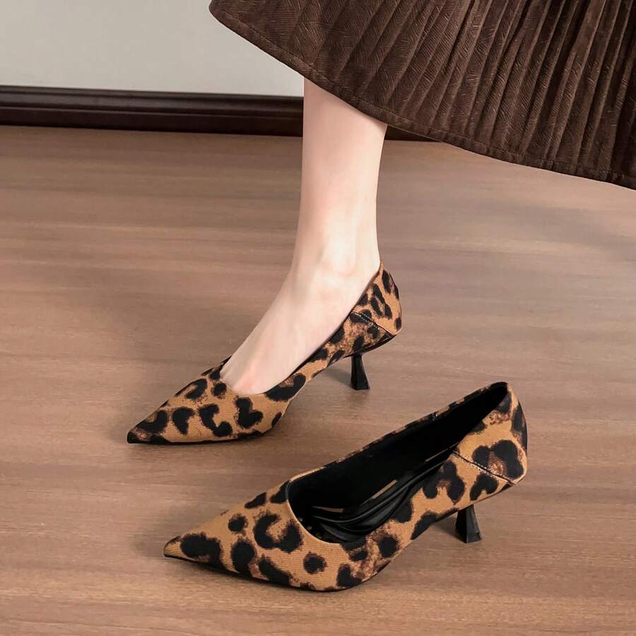 New Leopard Print Pointed Toe Stiletto High Heel Shoes, Low Vamp Elegant Commuter Pumps - Leopard Print - View 1