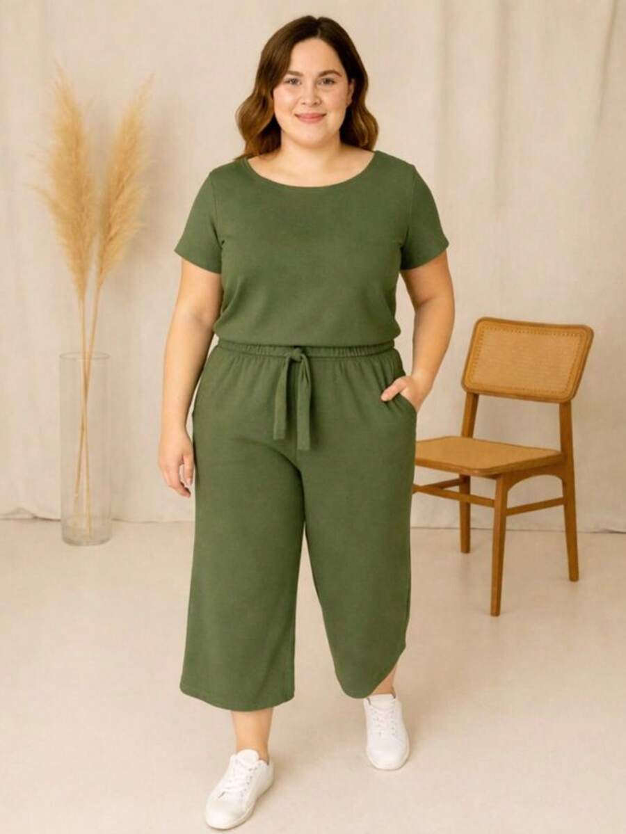 Women's Casual Plus Size Pantacourt Set With Short Sleeves - xanh quân đội - Xem 1
