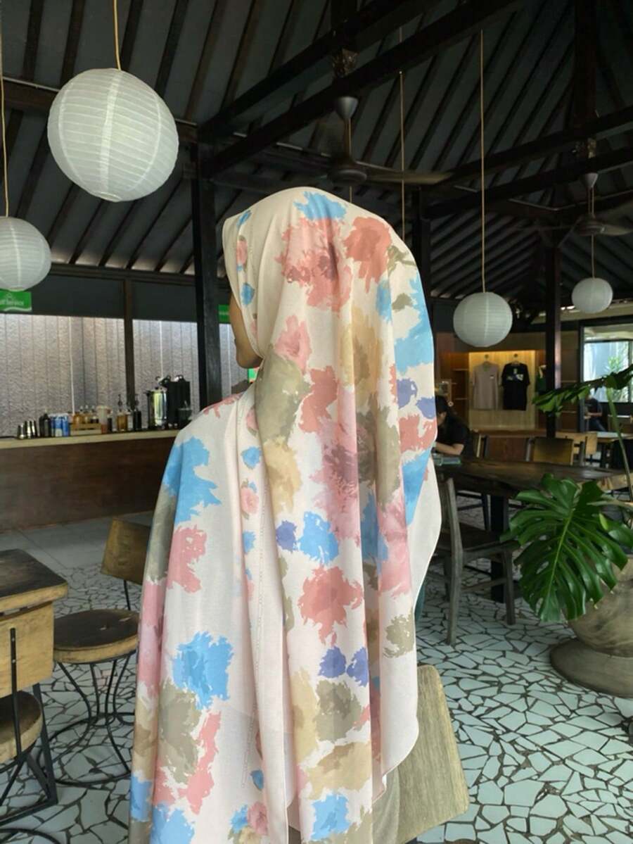 1件装女士波西米亚水彩花卉印花头巾，薄纱材质，波西米亚风，扎染渐变花卉数码印花，优雅百搭围巾披肩，多功能穆斯林头巾，适合日常佩戴，四季皆宜 - 彩色 - 查看 1