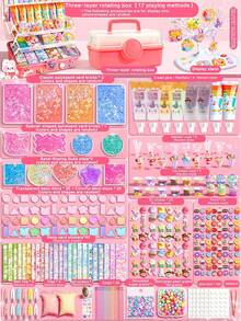 Girls DIY Craft Set, Includes Notebook, Sticker Making Kit, Fake Cream Glue And Decorative Accessories, Children's Toy Stationery Gift Box, And A Complete Cream Sticker Gift Box. This Fun DIY Sticker Craft Set Is Suitable For Children Of All Ages, Can Be Used As Birthday, Christmas Or Holiday Gifts.