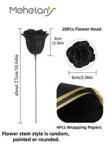 MEHELANY 20支装 2.76英寸闪光玫瑰花束，DIY人造闪光花束，黑色人造花，仿真玫瑰，永不凋谢的闪亮人造玫瑰花束，适合周年纪念、订婚、结婚礼物、家居装饰、办公室厨房装饰、派对装饰、房间装饰、情人节装饰、母亲节装饰、送给女友、妈妈、女士的生日礼物（含包装纸）