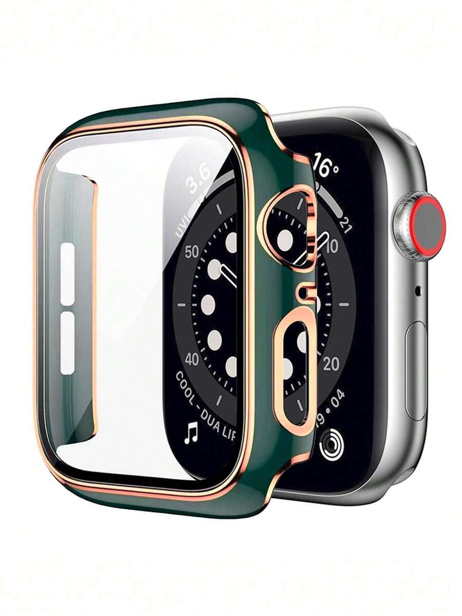 1个绿色玫瑰金饰边时尚二合一保护壳，带超薄钢化玻璃屏幕保护膜，防震保护套，兼容 Series Ultra/SE/7/6/5/4/3/2/1，38/40/41/42/44/45/46/49mm，适用于屏幕保护膜