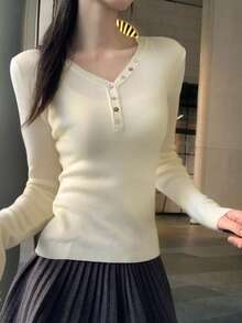 Slim Fit V-Neck Button Knit Sweater, Elegant And Slimming - Apricot - View 3