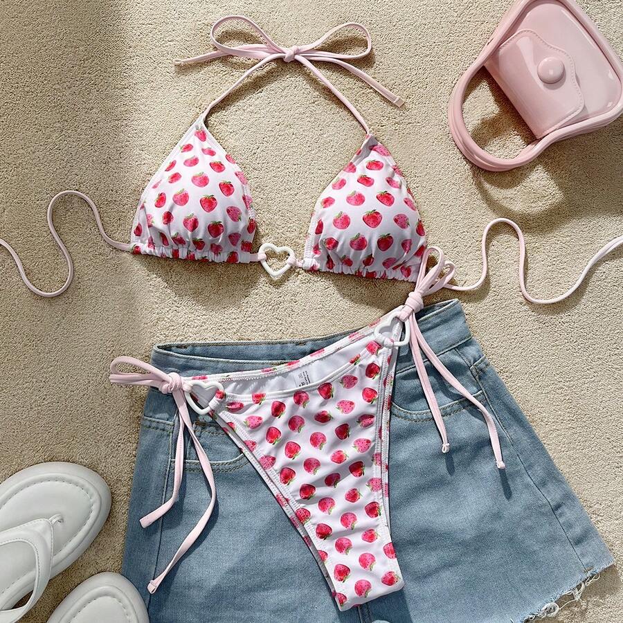 Bộ bikini 2 mảnh in hình trái tim và dâu tây, đồ đi biển cho bé gái đi nghỉ mát. - Hồng - Xem 1