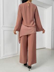 两件套纯色雪纺短袖优雅派对时尚套装 - 女士不规则套装 - 棕色 - 查看 4