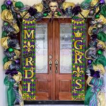 1Pair Gras Porch Banner Sign Purple Golden Carnival Front Door Decorative Hanging Welcome Banner Flag Masquerade Party Seasonal Decoration Home Outdoor Indoor Decor - Multicolor - View 4