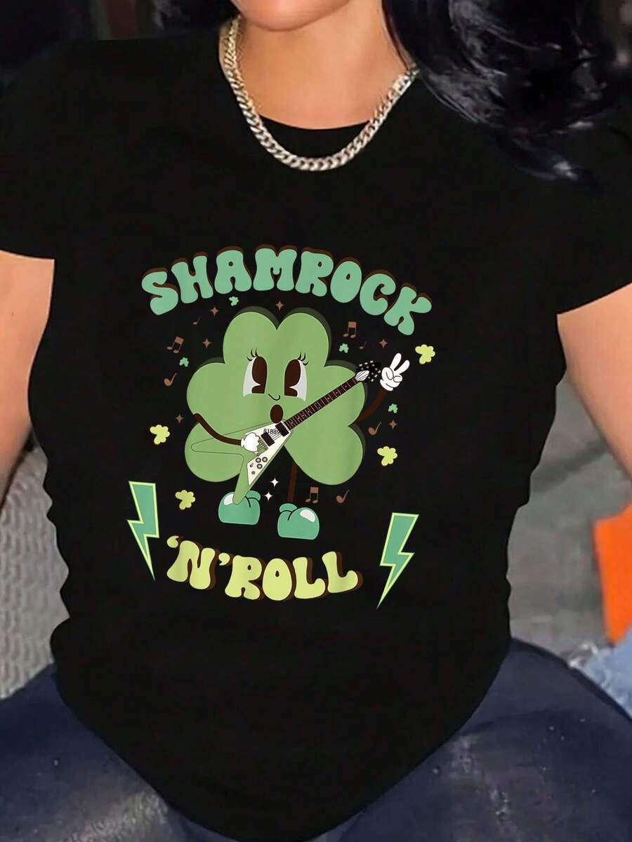 100% Cotton Shamrock N' Roll Playing Guitars St Patrick's Day Irish T-Shirt Women's Men's Streetwear Graphic Tee Black Crew Neck Vacation Tops - Black - View 1