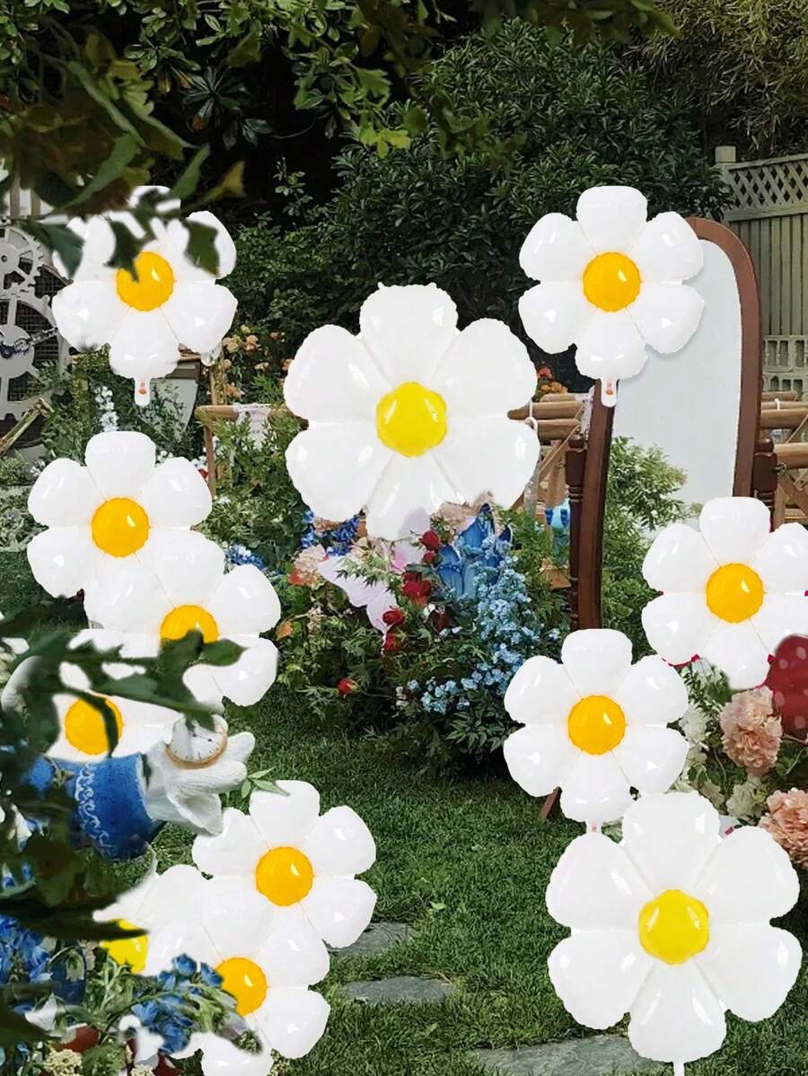 Bộ 12 quả bóng bay hình hoa cúc, màu trắng, cỡ lớn và nhỏ, thích hợp cho tiệc sinh nhật, kỷ niệm, đám cưới, tiệc mừng em bé, sự kiện và trang trí nhà cửa. - trắng - Xem 1